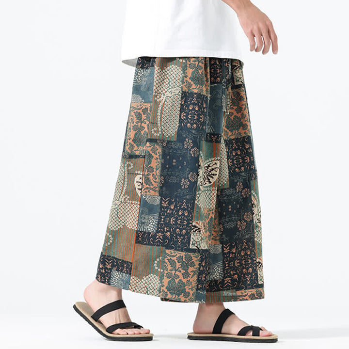 Buddha Stones Boho-Freizeithose für Frühling und Sommer, lässig, mit Kordelzug, floralem Patchwork-Design, verkürzt, Herrenhose mit weitem Bein und Taschen - image 3