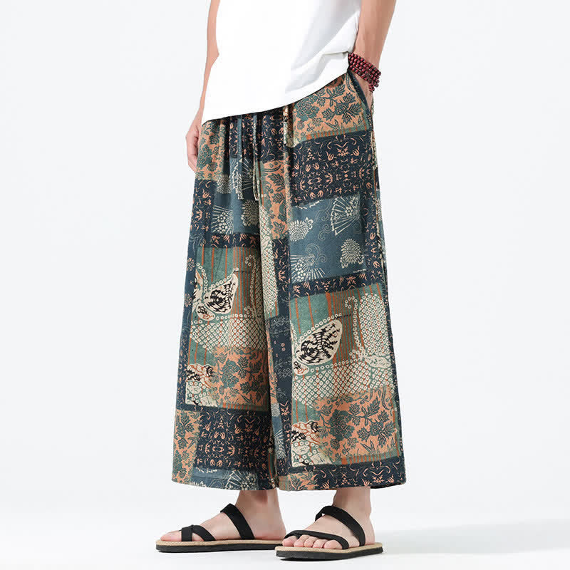 Buddha Stones Boho-Freizeithose für Frühling und Sommer, lässig, mit Kordelzug, floralem Patchwork-Design, verkürzt, Herrenhose mit weitem Bein und Taschen - image 7