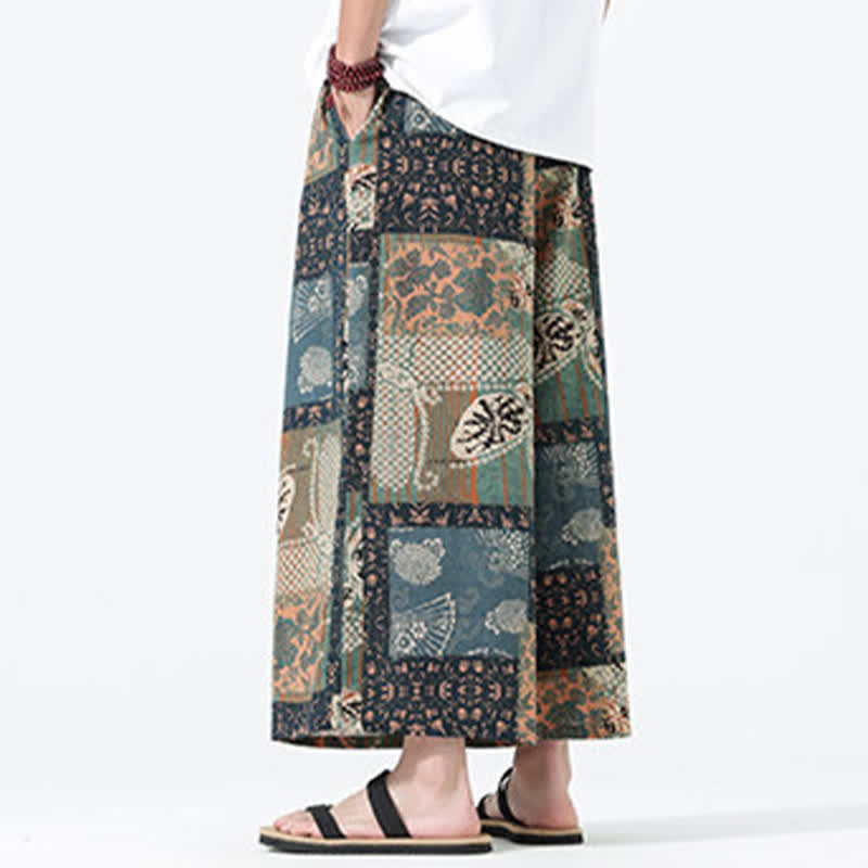 Buddha Stones Boho-Freizeithose für Frühling und Sommer, lässig, mit Kordelzug, floralem Patchwork-Design, verkürzt, Herrenhose mit weitem Bein und Taschen - image 4