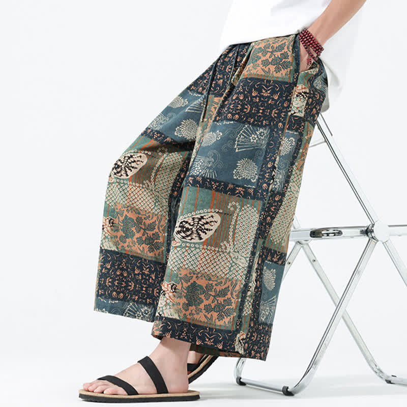 Buddha Stones Boho-Freizeithose für Frühling und Sommer, lässig, mit Kordelzug, floralem Patchwork-Design, verkürzt, Herrenhose mit weitem Bein und Taschen - image 8
