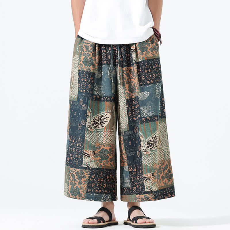 Buddha Stones Boho-Freizeithose für Frühling und Sommer, lässig, mit Kordelzug, floralem Patchwork-Design, verkürzt, Herrenhose mit weitem Bein und Taschen - image 2