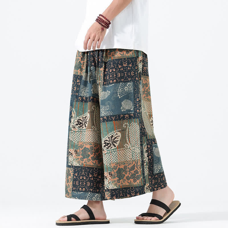 Buddha Stones Boho-Freizeithose für Frühling und Sommer, lässig, mit Kordelzug, floralem Patchwork-Design, verkürzt, Herrenhose mit weitem Bein und Taschen - image 1
