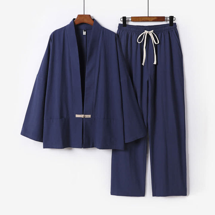 Buddha Stones 2-teiliges Set: Feste Ramie-Kimono-Hosen mit V-Ausschnitt, Kordelzug und Taschen, ideal für Herren, auch als Meditationskleidung geeignet - Mitternachtsblau - US/ UK/AU54, EU64 (9XL) - image 6