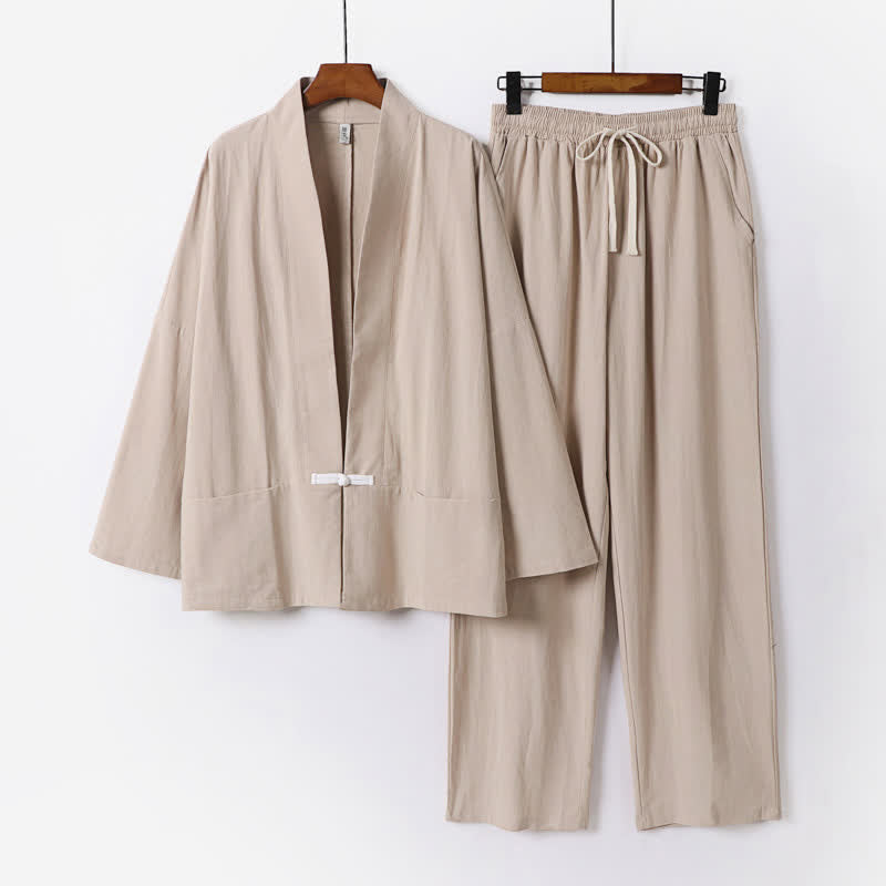 Buddha Stones 2-teiliges Set: Feste Ramie-Kimono-Hosen mit V-Ausschnitt, Kordelzug und Taschen, ideal für Herren, auch als Meditationskleidung geeignet - BurlyWood - US/ UK/AU54, EU64 (9XL) - image 9