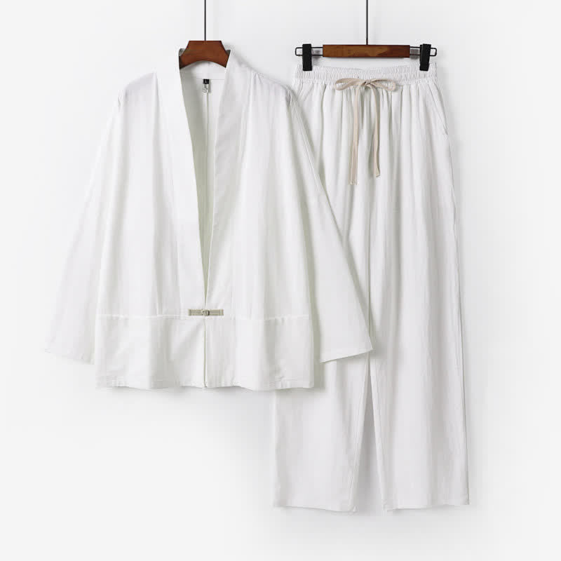Buddha Stones 2-teiliges Set: Feste Ramie-Kimono-Hosen mit V-Ausschnitt, Kordelzug und Taschen, ideal für Herren, auch als Meditationskleidung geeignet - Weiß - US/ UK/AU54, EU64 (9XL) - image 10