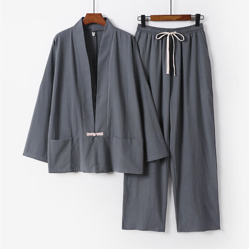 Buddha Stones 2-teiliges Set: Feste Ramie-Kimono-Hosen mit V-Ausschnitt, Kordelzug und Taschen, ideal für Herren, auch als Meditationskleidung geeignet - Schiefergrau - US/ UK/AU54, EU64 (9XL) - image 0