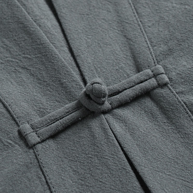 Buddha Stones 2-teiliges Sommer-Meditations-Set im Tang-Stil: Ärmelloses Hemd und Hose aus Leinen mit V-Ausschnitt, Froschknopfleiste und Taschen, mit V-Ausschnitt. - image 9