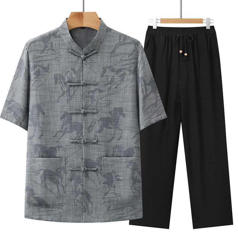 Buddha Stones 2-teiliges Sommer-Set im Tang-Stil: Lässiges Herren-Meditations-Set mit Froschknopfleiste, Stehkragen, Pferdeprint, Kurzarmhemd und Hose mit Taschen - Dunkelgrau - US/ UK/AU42, EU52 (3XL) - image 4