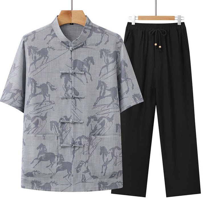 Buddha Stones 2-teiliges Sommer-Set im Tang-Stil: Lässiges Herren-Meditations-Set mit Froschknopfleiste, Stehkragen, Pferdeprint, Kurzarmhemd und Hose mit Taschen - Hellgrau - US/ UK/AU42, EU52 (3XL) - image 2