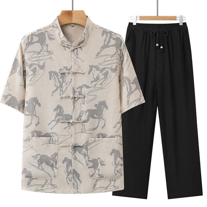 Buddha Stones 2-teiliges Sommer-Set im Tang-Stil: Lässiges Herren-Meditations-Set mit Froschknopfleiste, Stehkragen, Pferdeprint, Kurzarmhemd und Hose mit Taschen - Beige - US/ UK/AU42, EU52 (3XL) - image 0