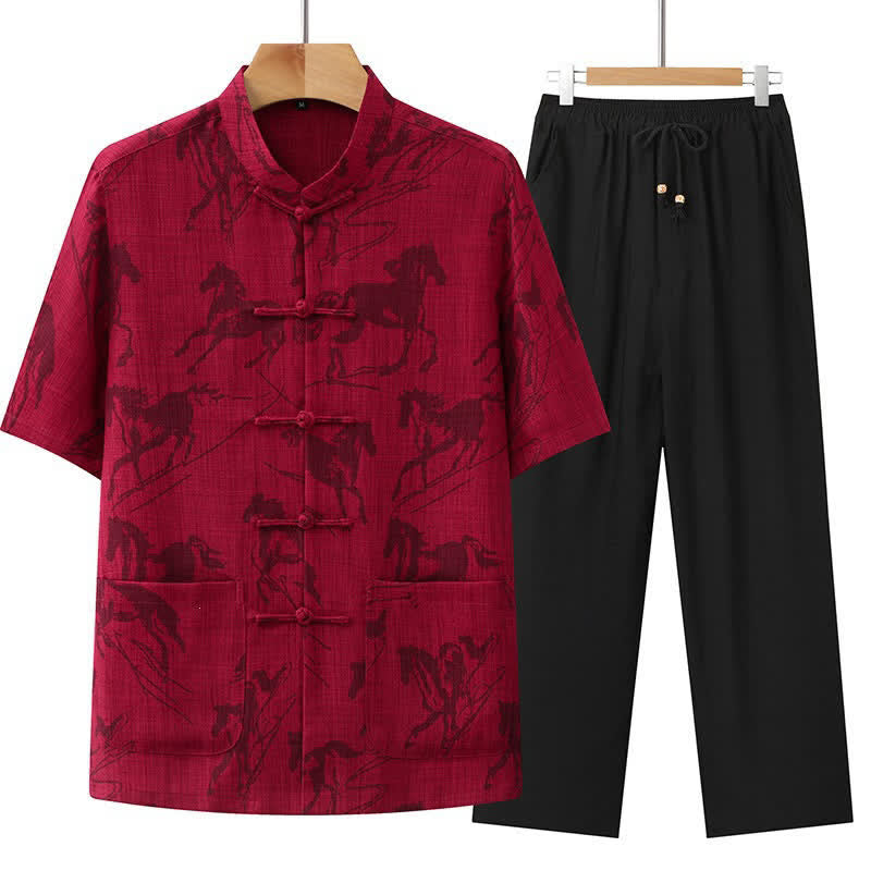 Buddha Stones 2-teiliges Sommer-Set im Tang-Stil: Lässiges Herren-Meditations-Set mit Froschknopfleiste, Stehkragen, Pferdeprint, Kurzarmhemd und Hose mit Taschen - Purpurrot - US/ UK/AU42, EU52 (3XL) - image 13