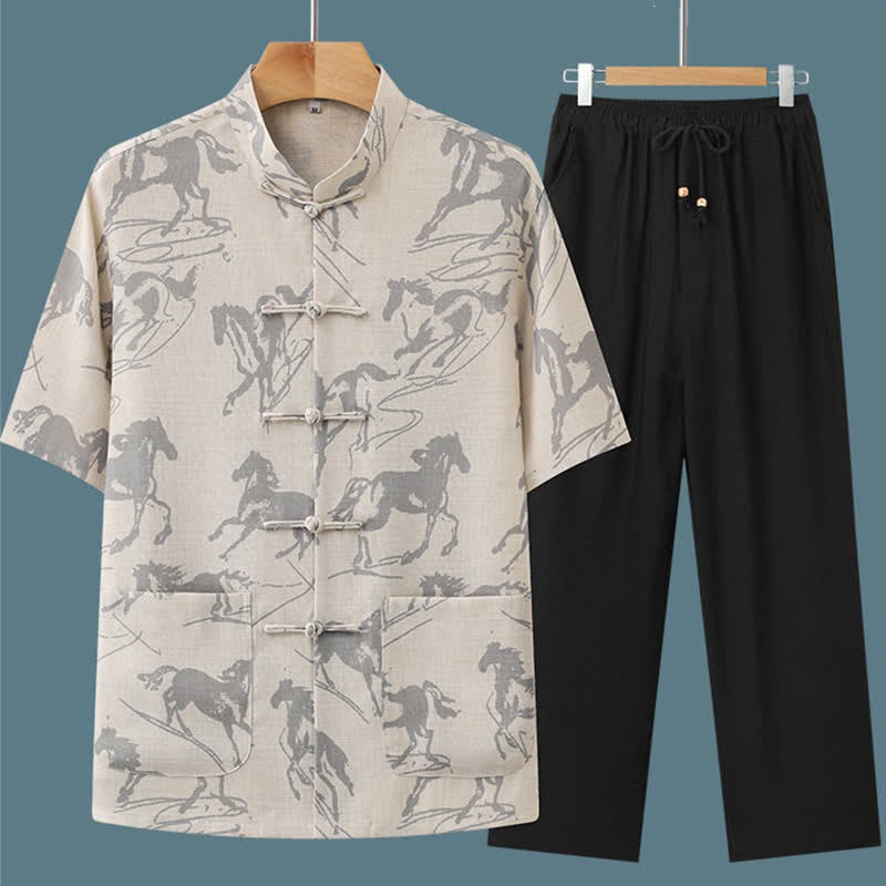Buddha Stones 2-teiliges Sommer-Set im Tang-Stil: Lässiges Herren-Meditations-Set mit Froschknopfleiste, Stehkragen, Pferdeprint, Kurzarmhemd und Hose mit Taschen - image 1