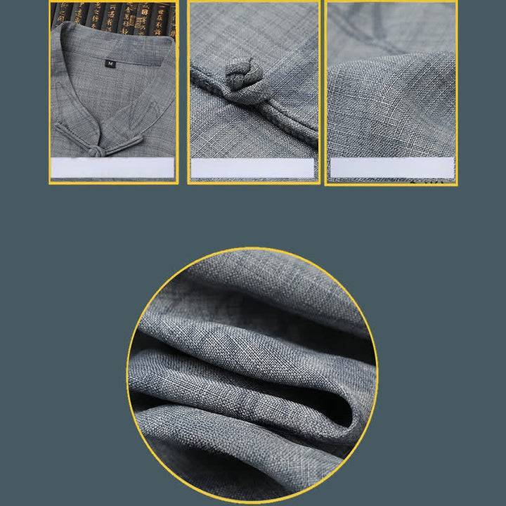 Buddha Stones 2-teiliges Sommer-Set im Tang-Stil: Lässiges Herren-Meditations-Set mit Froschknopfleiste, Stehkragen, Pferdeprint, Kurzarmhemd und Hose mit Taschen - image 11