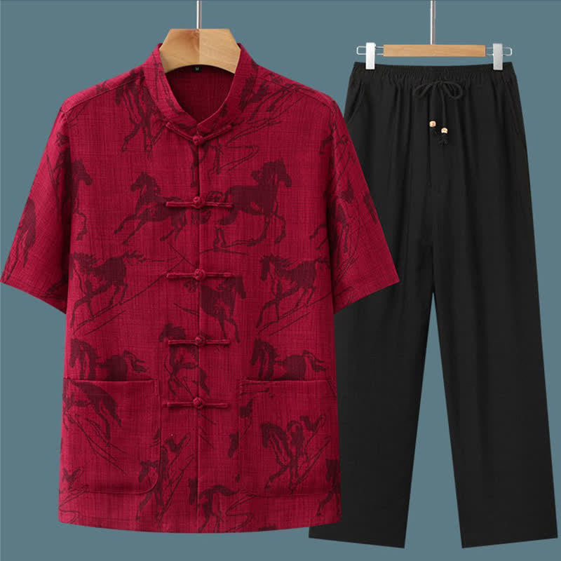 Buddha Stones 2-teiliges Sommer-Set im Tang-Stil: Lässiges Herren-Meditations-Set mit Froschknopfleiste, Stehkragen, Pferdeprint, Kurzarmhemd und Hose mit Taschen - image 14