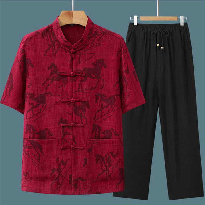 Buddha Stones 2-teiliges Sommer-Set im Tang-Stil: Lässiges Herren-Meditations-Set mit Froschknopfleiste, Stehkragen, Pferdeprint, Kurzarmhemd und Hose mit Taschen - image 14
