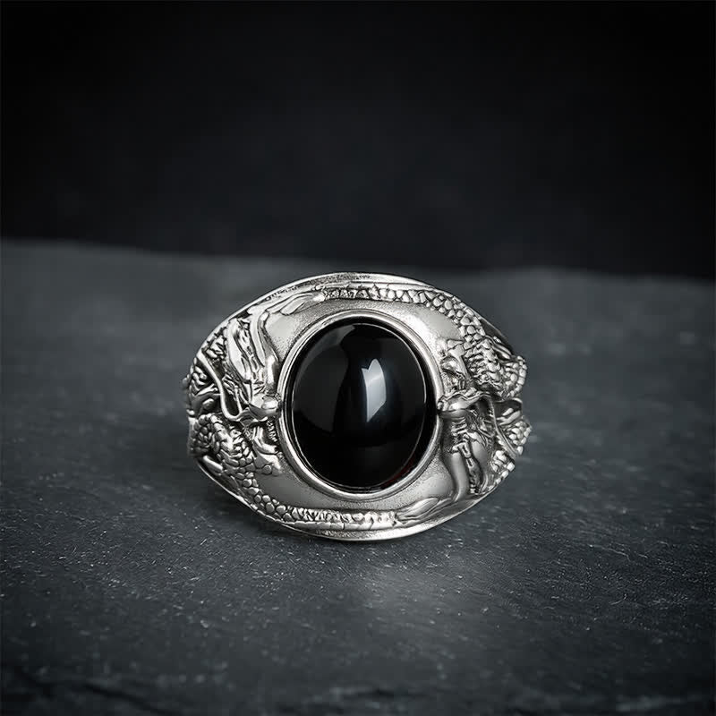 Buddha Stones Schwarzer Obsidian-Drachenreinigungsring (Offener Ring) - image 2