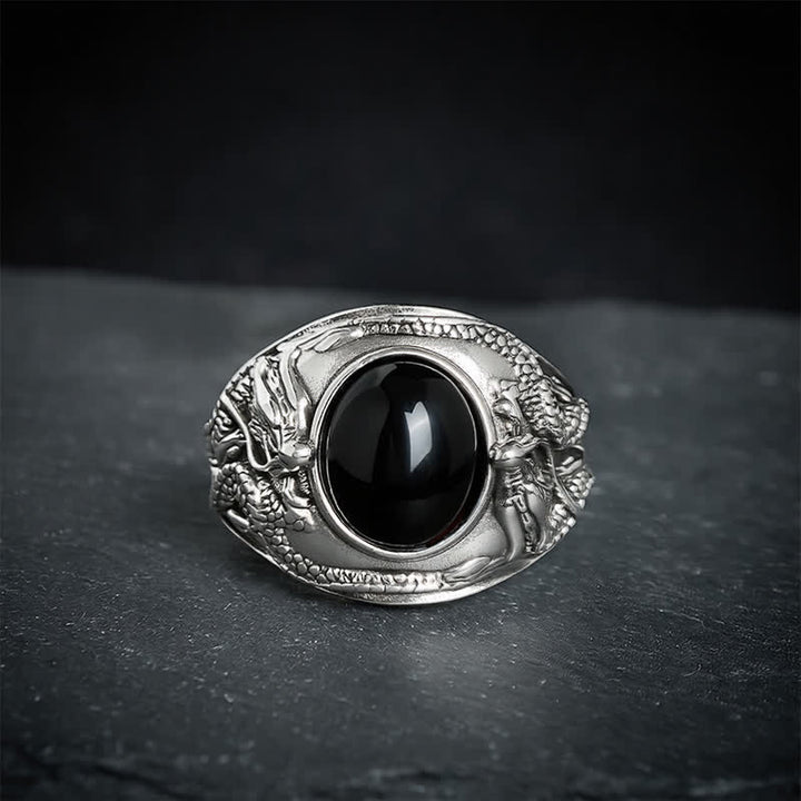Buddha Stones Schwarzer Obsidian-Drachenreinigungsring (Offener Ring) - image 2