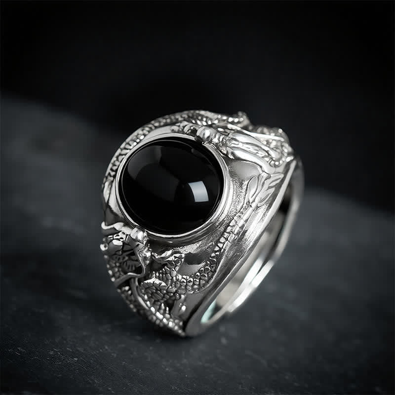 Buddha Stones Schwarzer Obsidian-Drachenreinigungsring (Offener Ring) - image 1