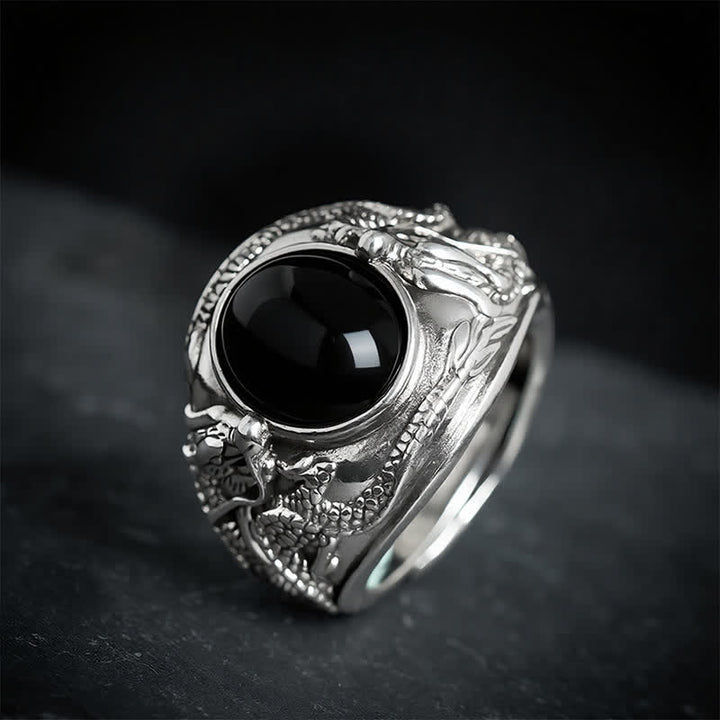Buddha Stones Schwarzer Obsidian-Drachenreinigungsring (Offener Ring) - image 1