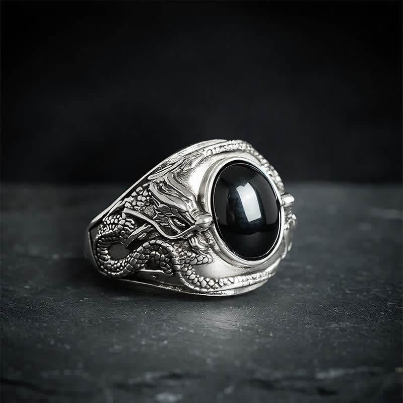 Buddha Stones Schwarzer Obsidian-Drachenreinigungsring (Offener Ring) - Drache (Stärke ♥ Kraft) - image 0