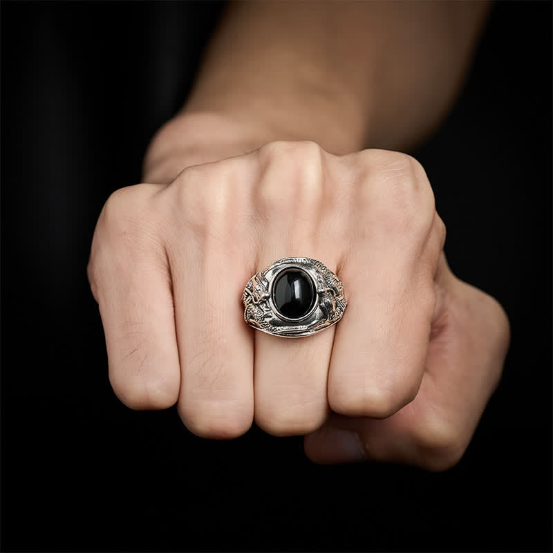 Buddha Stones Schwarzer Obsidian-Drachenreinigungsring (Offener Ring) - image 3