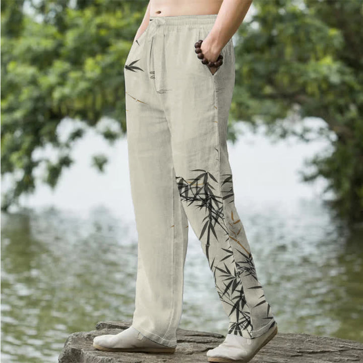 Buddha Stones Herrenhose mit schmal zulaufendem Schnitt und Taschen, bedruckt mit Baumwolltinte und Bambusmuster - image 1