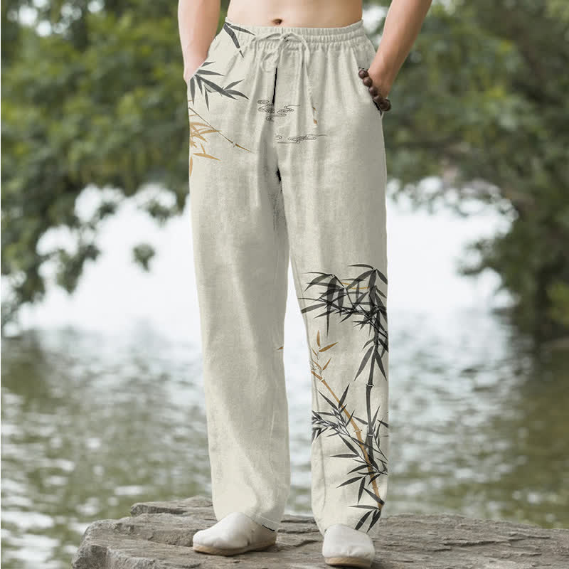 Buddha Stones Herrenhose mit schmal zulaufendem Schnitt und Taschen, bedruckt mit Baumwolltinte und Bambusmuster - Leinen - US/ UK/AU50, EU60 (5XL) - image 0