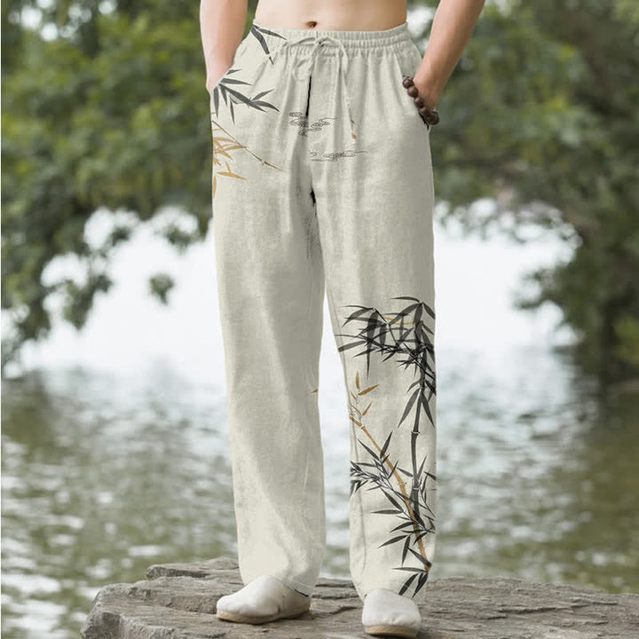 Buddha Stones Herrenhose mit schmal zulaufendem Schnitt und Taschen, bedruckt mit Baumwolltinte und Bambusmuster - Leinen - US/ UK/AU50, EU60 (5XL) - image 0