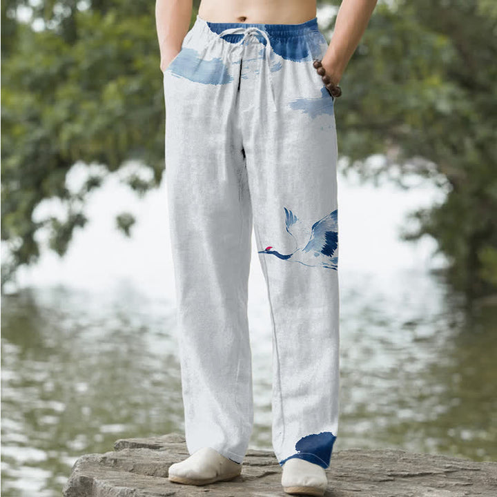 Buddha Stones Herren-Baumwollhose mit rotem Kranichmuster, schmal zulaufendem Bein und Taschen - Hellblau - US/ UK/AU50, EU60 (5XL) - image 0