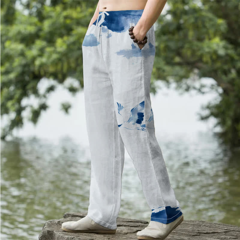 Buddha Stones Herren-Baumwollhose mit rotem Kranichmuster, schmal zulaufendem Bein und Taschen - image 1