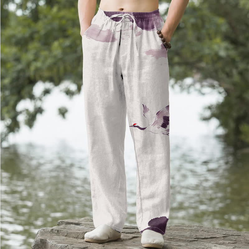 Buddha Stones Herren-Baumwollhose mit rotem Kranichmuster, schmal zulaufendem Bein und Taschen - Distel - US/ UK/AU50, EU60 (5XL) - image 4
