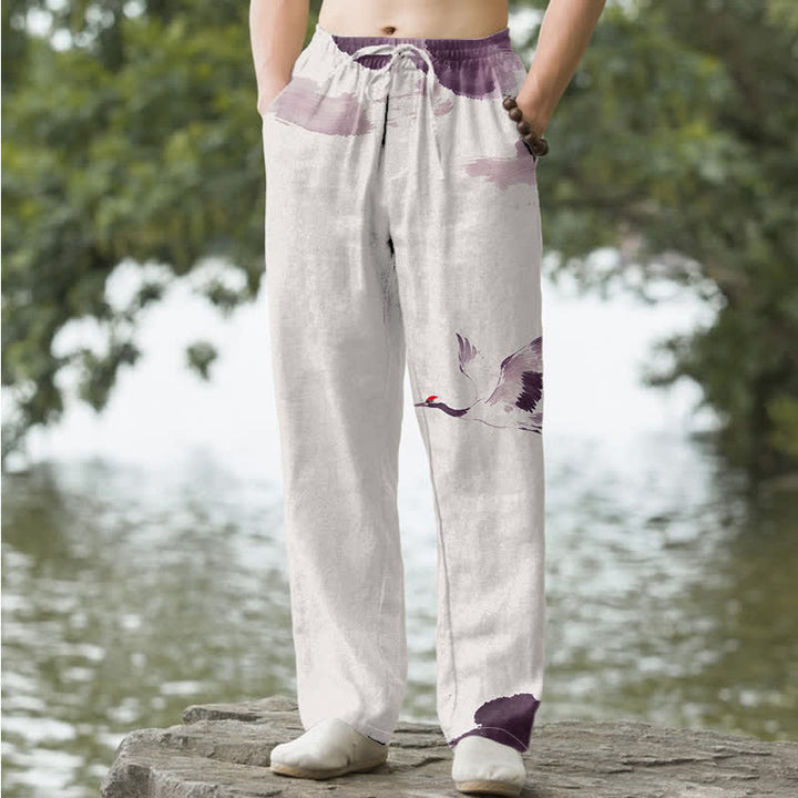 Buddha Stones Herren-Baumwollhose mit rotem Kranichmuster, schmal zulaufendem Bein und Taschen - Distel - US/ UK/AU50, EU60 (5XL) - image 4