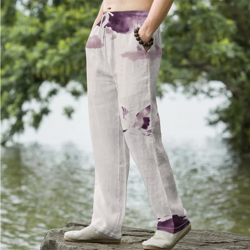 Buddha Stones Herren-Baumwollhose mit rotem Kranichmuster, schmal zulaufendem Bein und Taschen - image 5