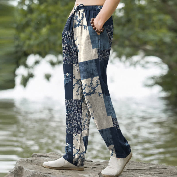 Buddha Stones Herrenhose mit schmal zulaufendem Bein und Taschen, Baumwoll-Patchworkmuster mit Wellen- und Blumenmuster - image 1