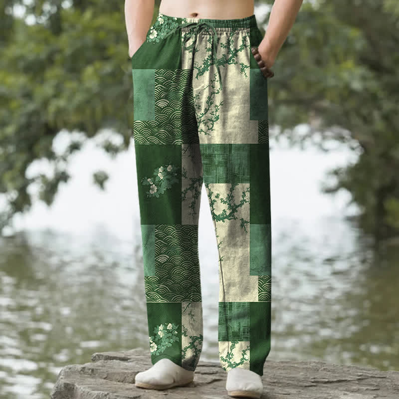 Buddha Stones Herrenhose mit schmal zulaufendem Bein und Taschen, Baumwoll-Patchworkmuster mit Wellen- und Blumenmuster - Waldgrün - US/ UK/AU50, EU60 (5XL) - image 6