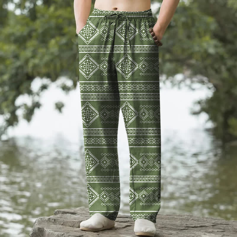 Buddha Stones Herren-Baumwollhose mit Taschen, geometrischem Streifenmuster im Ethno-Stil - Olivgrün - US/ UK/AU50, EU60 (5XL) - image 6