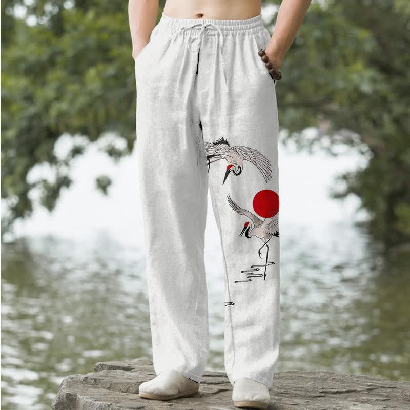 Buddha Stones Herrenhose aus Baumwolle mit rotem Sonnen-Kranich-Muster, schmal zulaufend und mit Taschen - Leinen - US/ UK/AU50, EU60 (5XL) - image 0