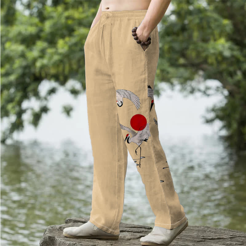 Buddha Stones Herrenhose aus Baumwolle mit rotem Sonnen-Kranich-Muster, schmal zulaufend und mit Taschen - image 5