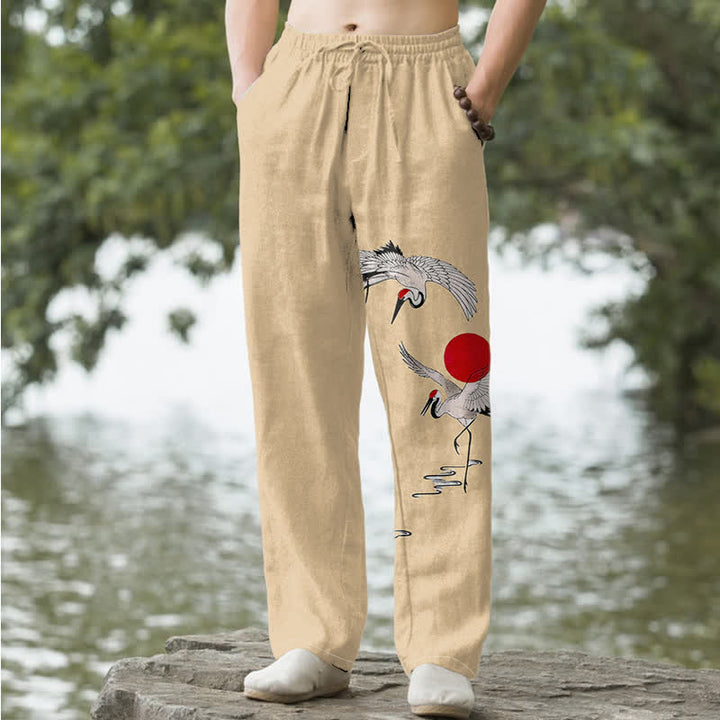 Buddha Stones Herrenhose aus Baumwolle mit rotem Sonnen-Kranich-Muster, schmal zulaufend und mit Taschen - Weizen - US/ UK/AU50, EU60 (5XL) - image 4