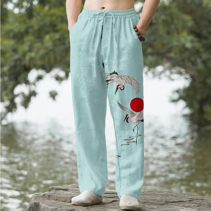 Buddha Stones Herrenhose aus Baumwolle mit rotem Sonnen-Kranich-Muster, schmal zulaufend und mit Taschen - Helltürkis - US/ UK/AU50, EU60 (5XL) - image 6