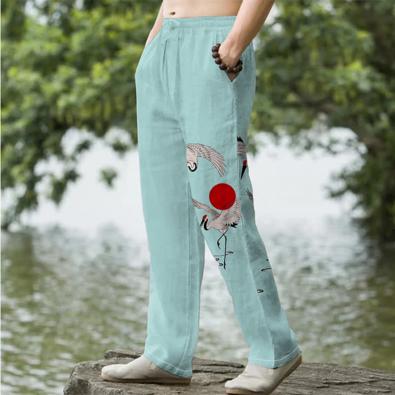 Buddha Stones Herrenhose aus Baumwolle mit rotem Sonnen-Kranich-Muster, schmal zulaufend und mit Taschen - image 7