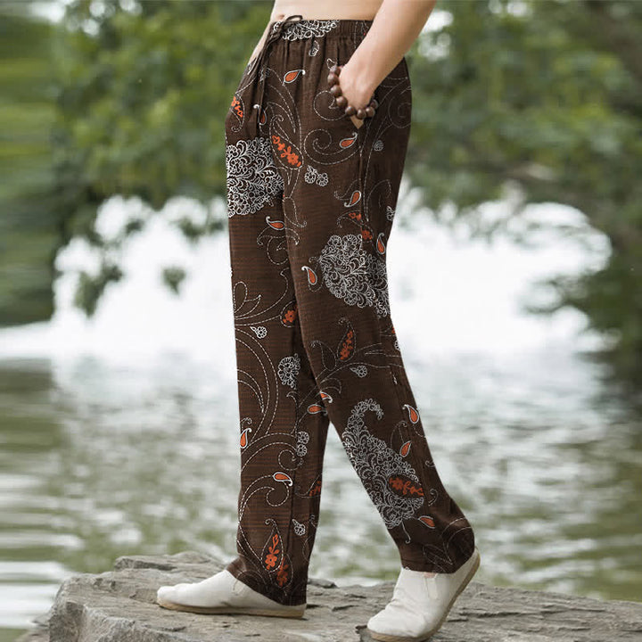 Buddha Stones Herrenhose aus Baumwolle mit böhmischem Blumenrankenmuster, schmal zulaufend und mit Taschen - image 1