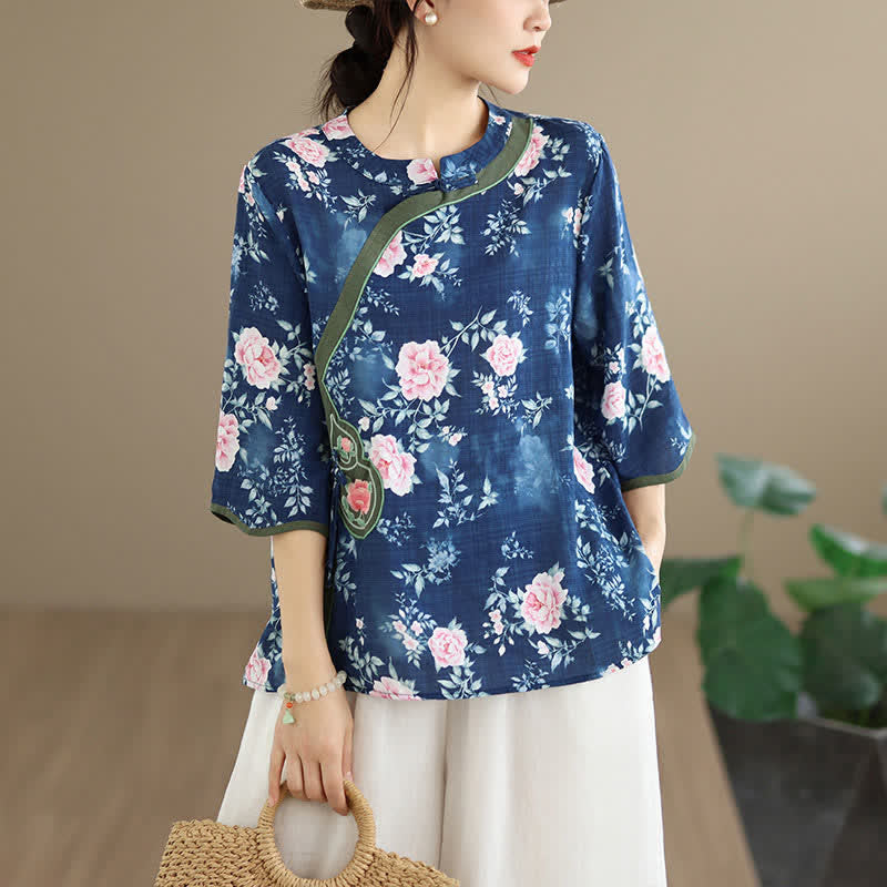 Buddha Stones Lässiges Sommerhemd im Tang-Stil mit Froschknopfverschluss, rosa Pfingstrosenmuster und Ellbogenlänge für Damen - Dunkelschieferblau - US8-10, UK/AU12-14, EU40-42 (2XL) - image 0