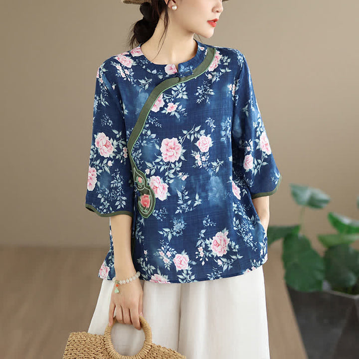 Buddha Stones Lässiges Sommerhemd im Tang-Stil mit Froschknopfverschluss, rosa Pfingstrosenmuster und Ellbogenlänge für Damen - Dunkelschieferblau - US8-10, UK/AU12-14, EU40-42 (2XL) - image 0