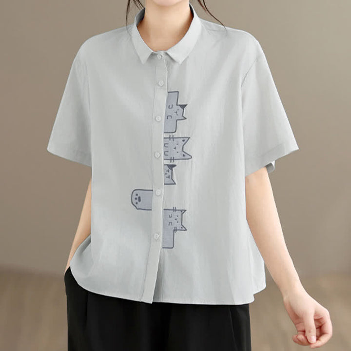 Buddha Stones Lässiges, minimalistisches Kurzarmhemd für Damen mit Katzenstickerei und Knopfleiste - Gainsboro - US8-10, UK/AU12-14, EU40-42 (2XL) - image 16