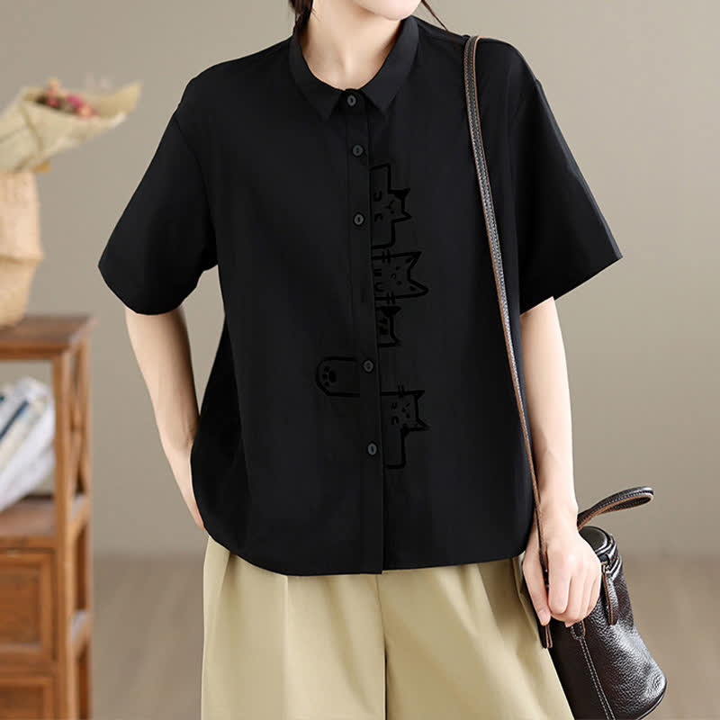 Buddha Stones Lässiges, minimalistisches Kurzarmhemd für Damen mit Katzenstickerei und Knopfleiste - Schwarz - US8-10, UK/AU12-14, EU40-42 (2XL) - image 0