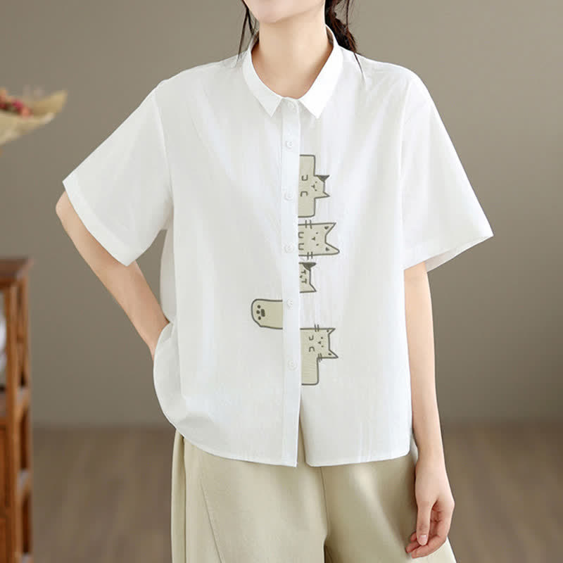 Buddha Stones Lässiges, minimalistisches Kurzarmhemd für Damen mit Katzenstickerei und Knopfleiste - Weiß - US8-10, UK/AU12-14, EU40-42 (2XL) - image 21