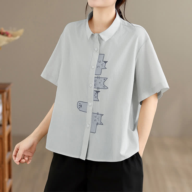 Buddha Stones Lässiges, minimalistisches Kurzarmhemd für Damen mit Katzenstickerei und Knopfleiste - image 20
