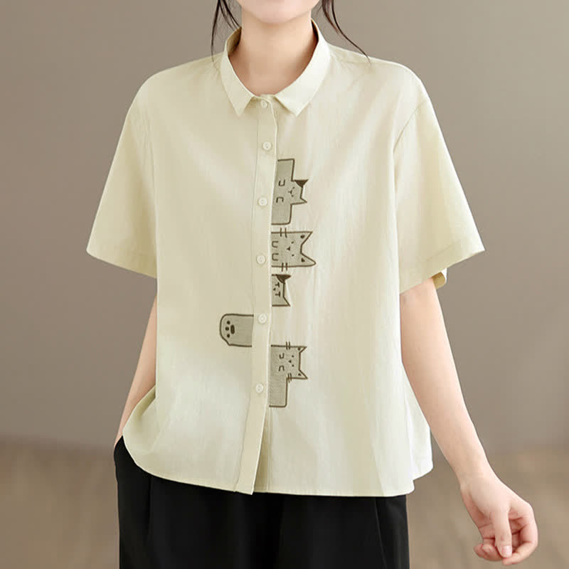 Buddha Stones Lässiges, minimalistisches Kurzarmhemd für Damen mit Katzenstickerei und Knopfleiste - Beige - US8-10, UK/AU12-14, EU40-42 (2XL) - image 6