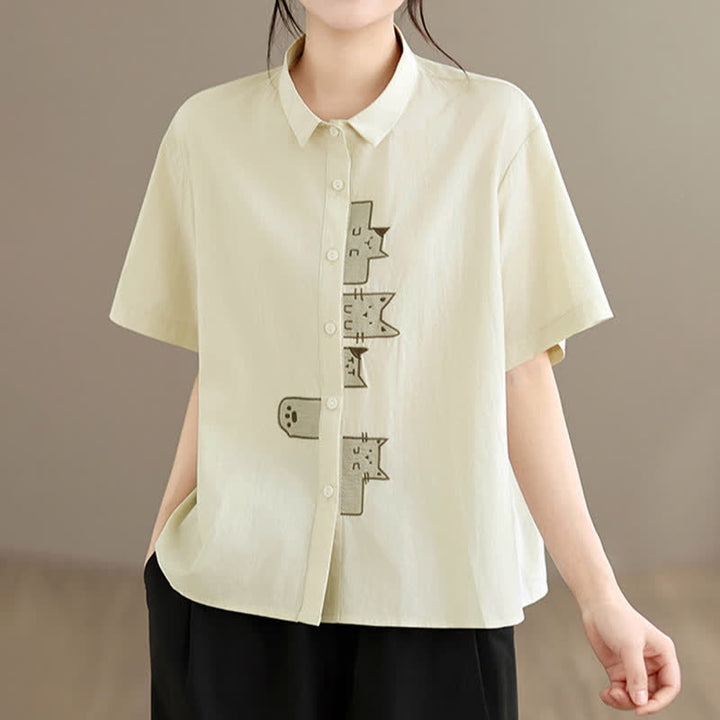 Buddha Stones Lässiges, minimalistisches Kurzarmhemd für Damen mit Katzenstickerei und Knopfleiste - Beige - US8-10, UK/AU12-14, EU40-42 (2XL) - image 6